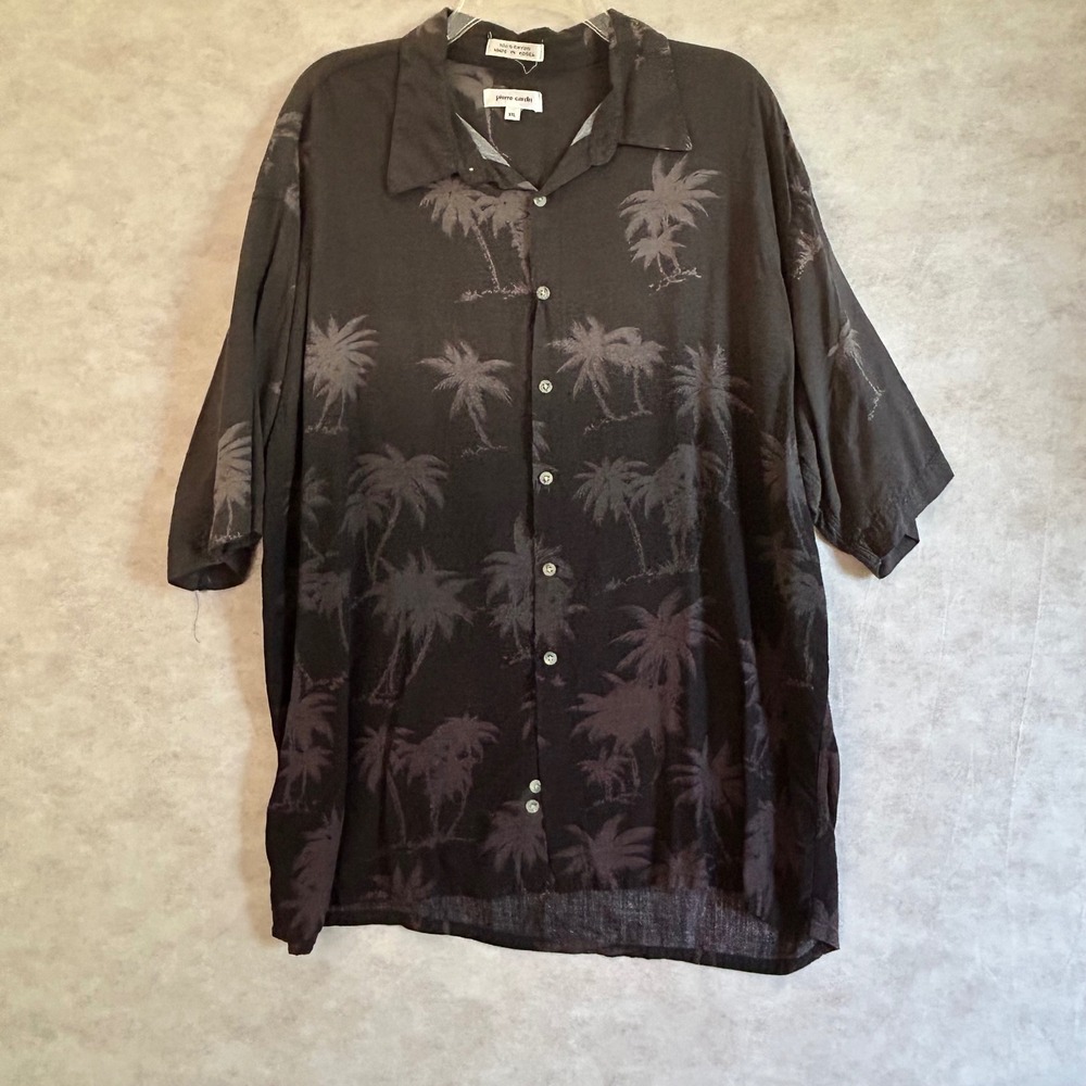 Pierre Cardin Mens XXL Black Palm Tree Print Rayon Short Sleeve Button Up Shirt